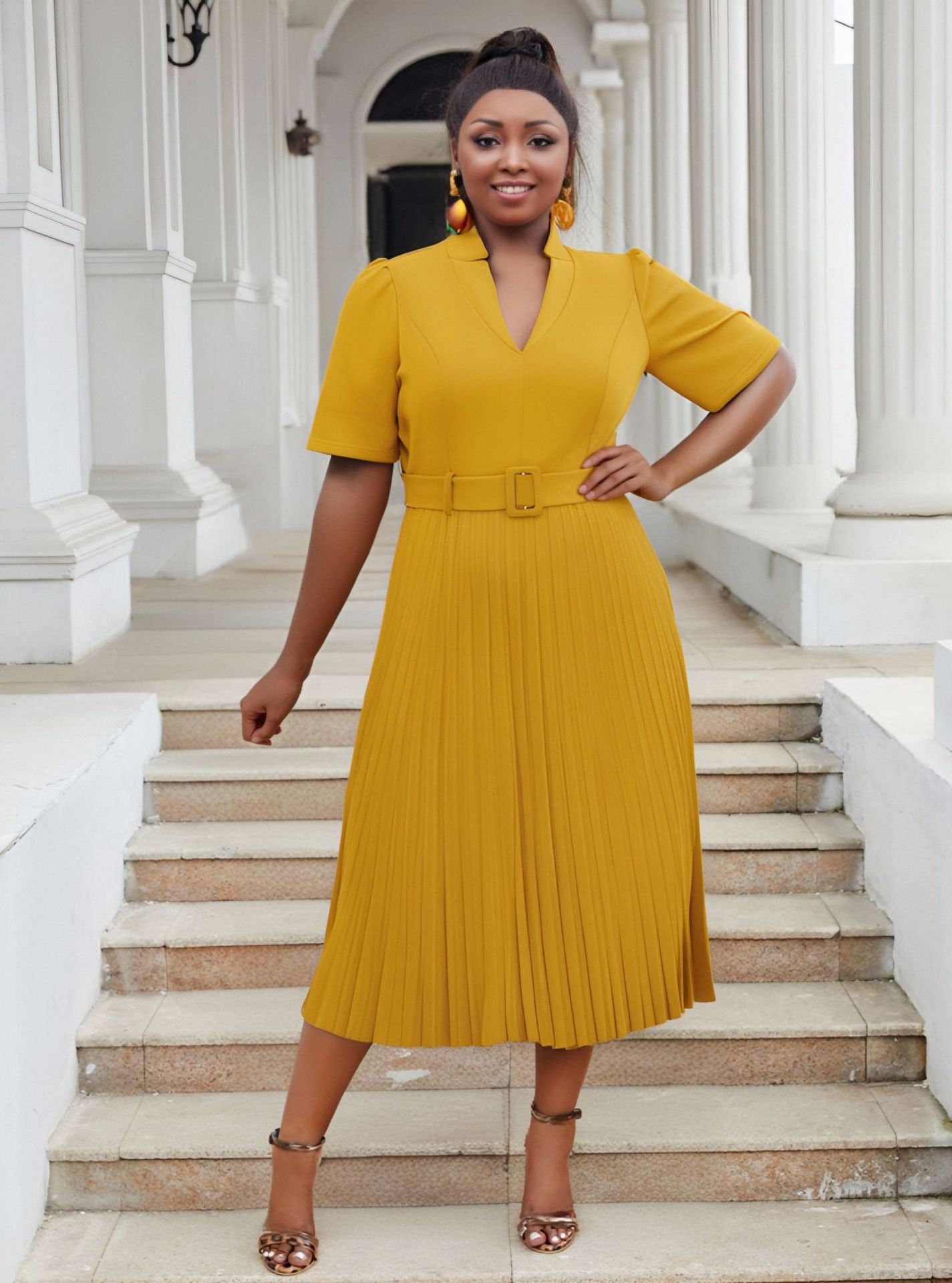 Plus Size Women's Office Summer Short Sleeve Fashion V-Neck High Waist Chic Pleated Long Dress 8