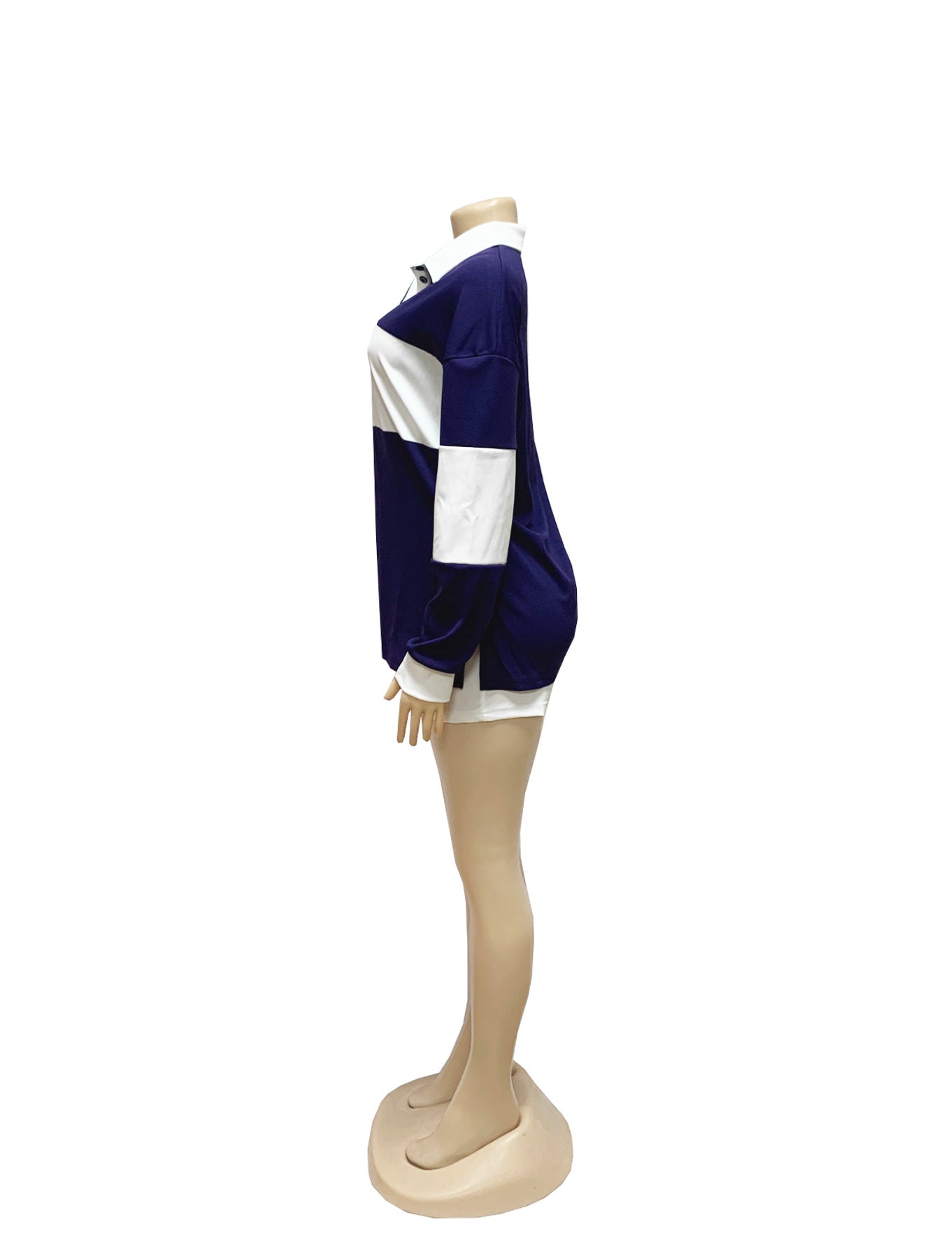 Women's Contrast Color Long Sleeve Polo Shirt Spring Summer Turndown Collar Solid Color Shorts Set 12