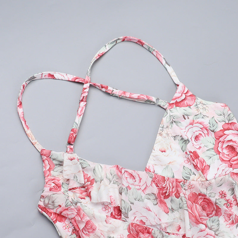 Women Spring Sexy Ruffle Floral Print Slit Dress 11