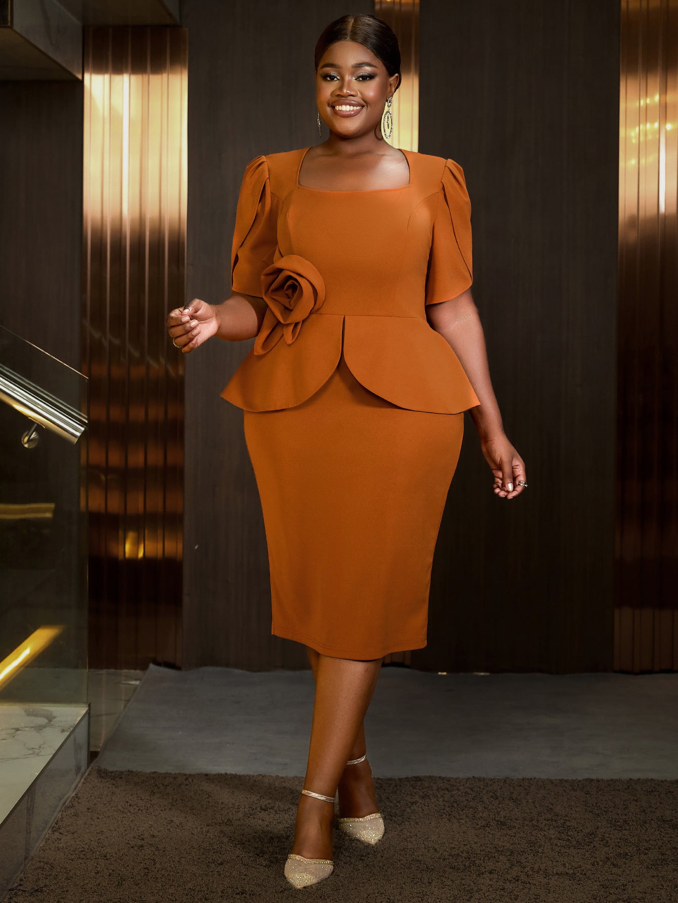 Women Elegant square collar ruffle flower bodycon Dresses 6