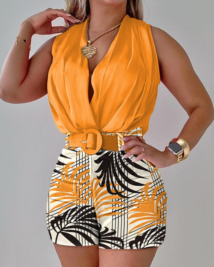 Women Sleeveless Printed Top and Shorts Two-piece Set 3