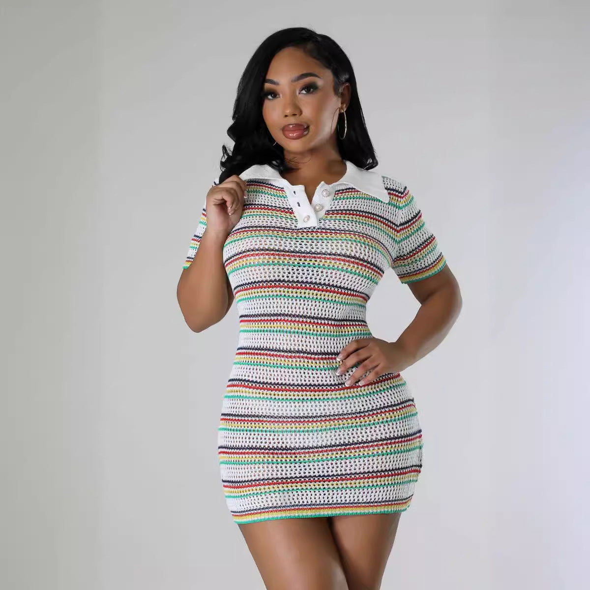 Women Round Neck Knitting Short Sleeve Dress 4