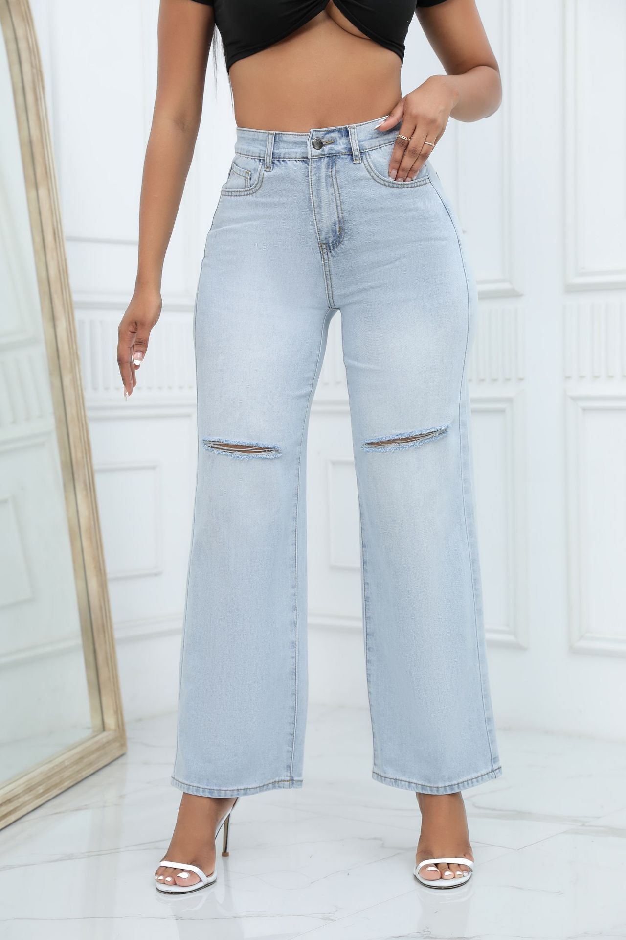 Jeans Blue Wide Leg Straight Denim Trousers 4