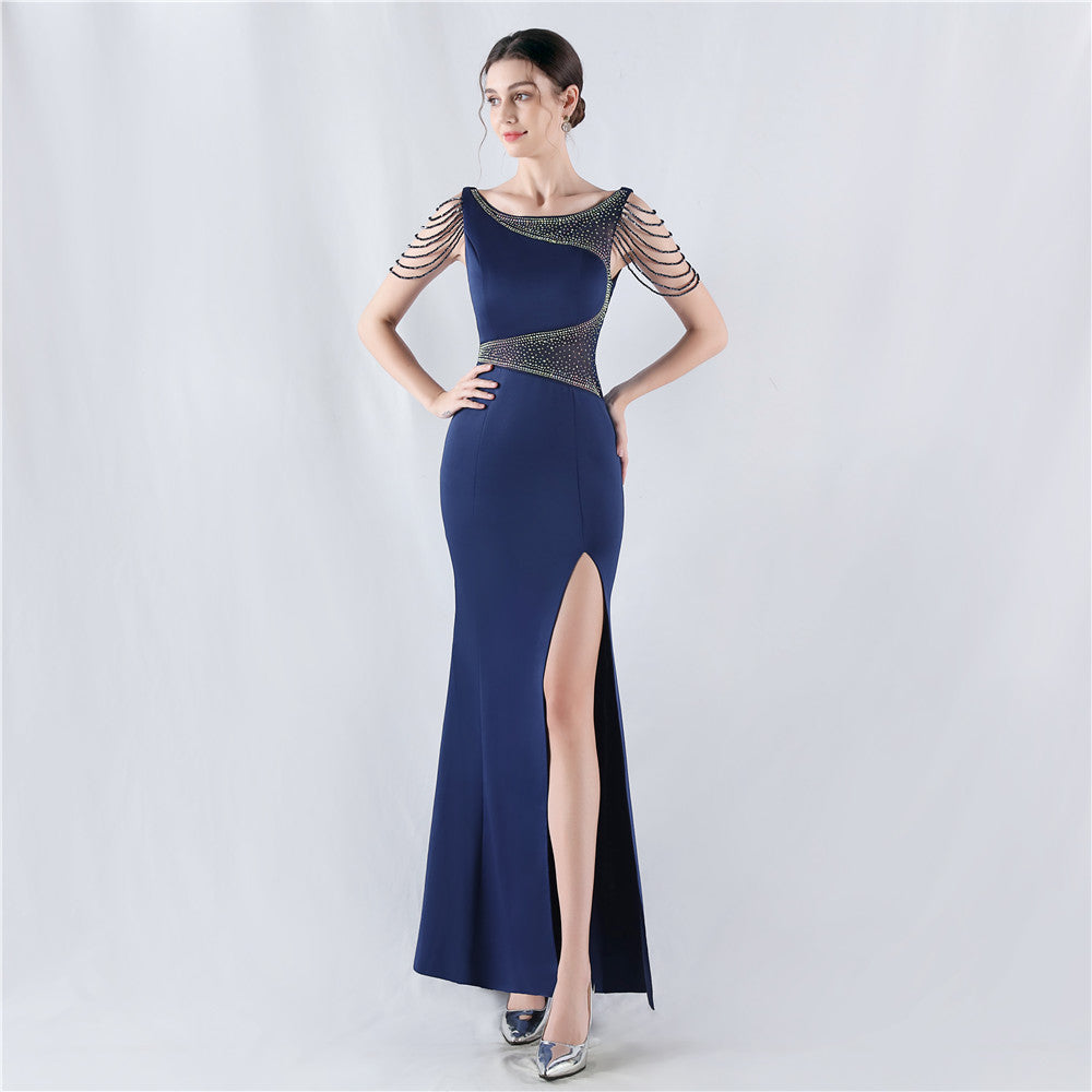 Women Beaded See-Through Mesh Split Evening Dress 12