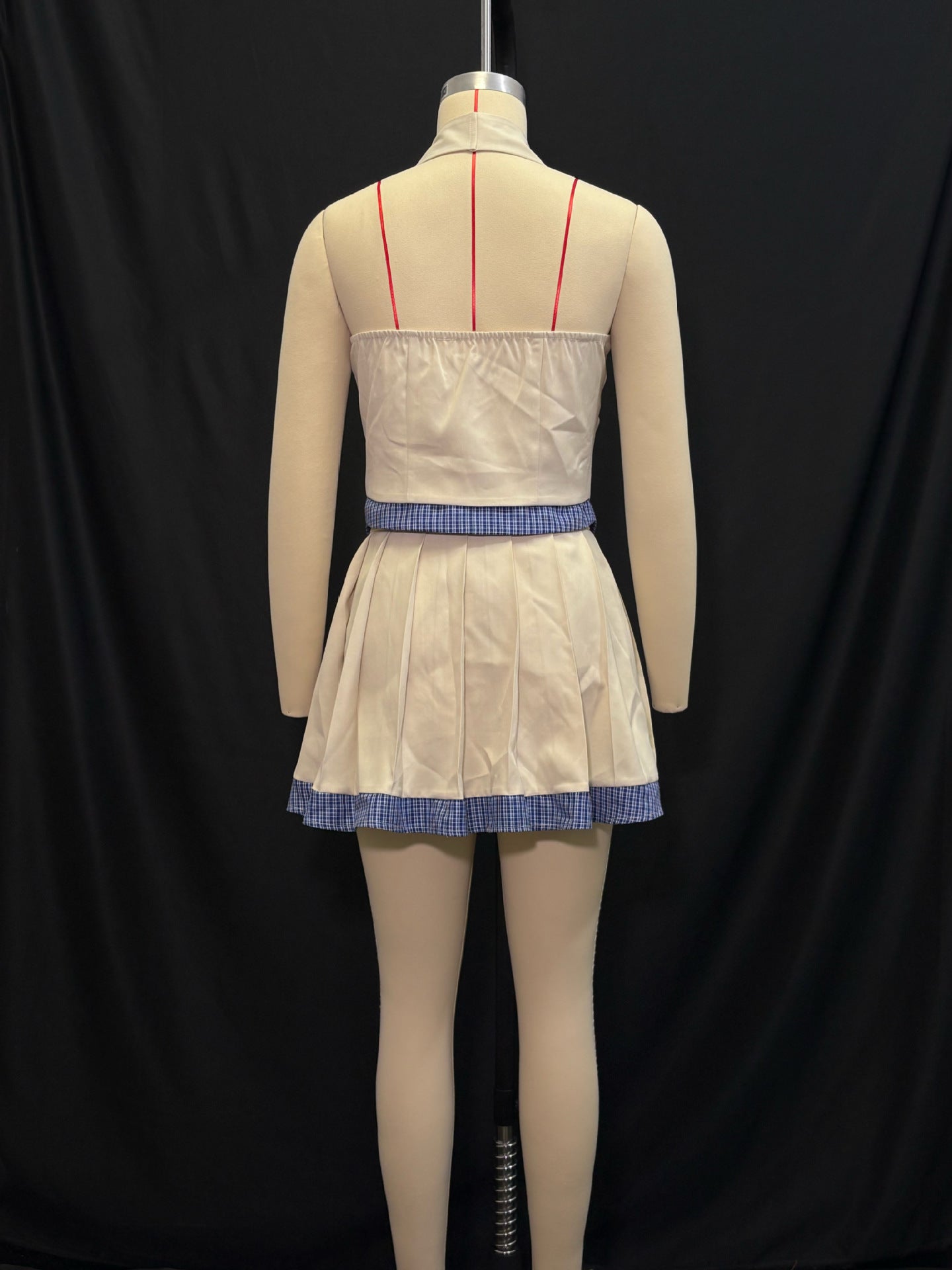 Women Summer Off-White and Blue Plaid Patchwork Halter Neck V-Neck Button Top and Skirt Two-Piece Set 6