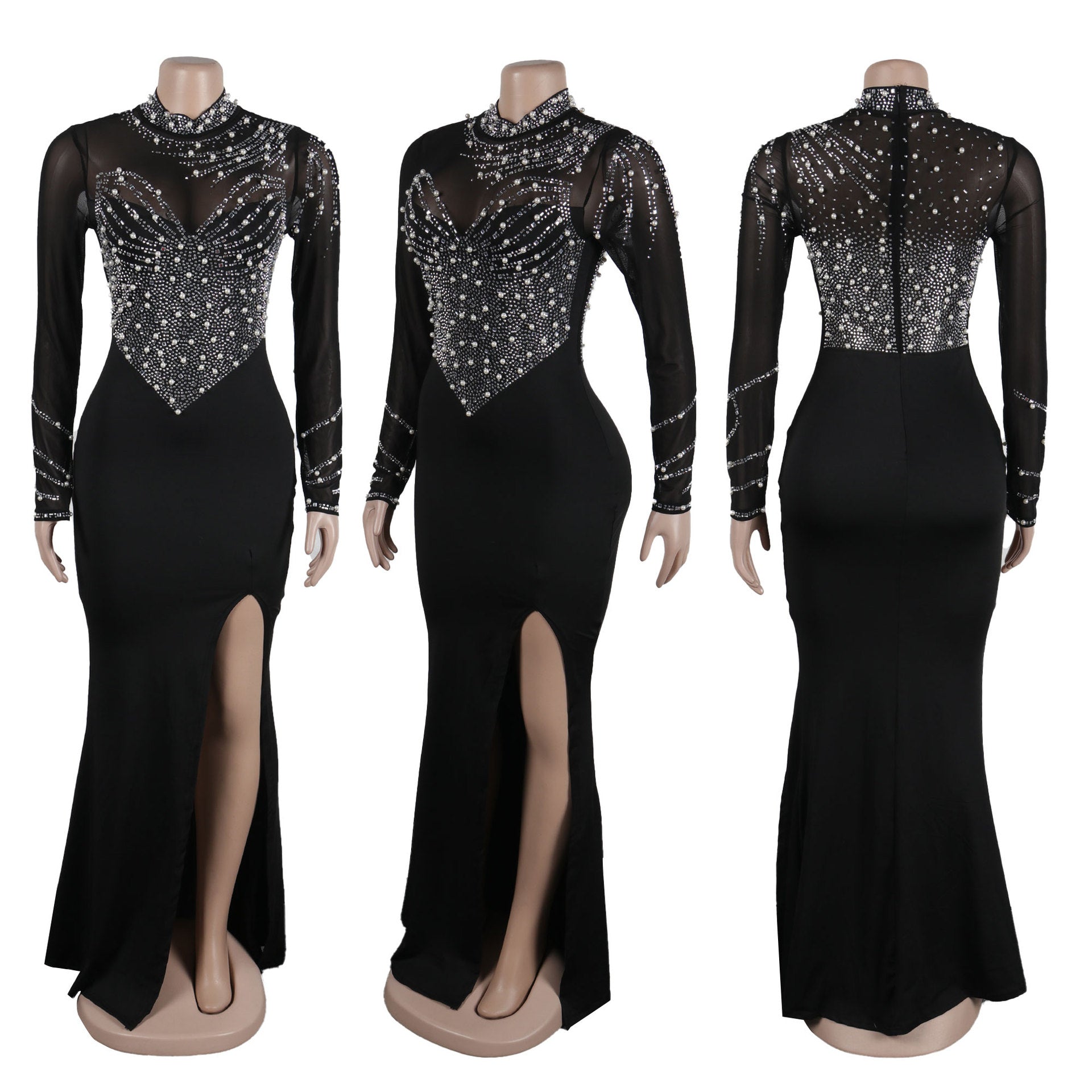 Women Beaded See-Through Bodycon Stretch Slit Dress 16