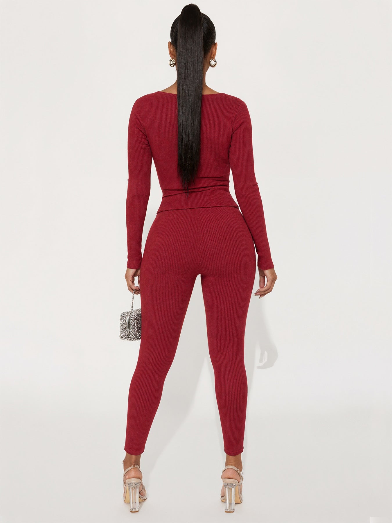 Women's Autumn Lace-Up Long Sleeve Solid Two-Piece Pants Set 13