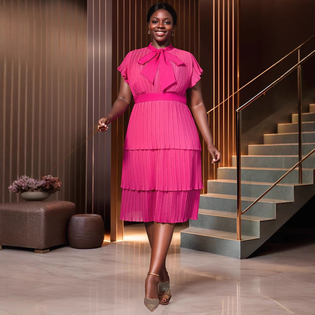 Summer Chic Bow Tie Round Neck Dress Cascading Ruffles Party Evening Gown