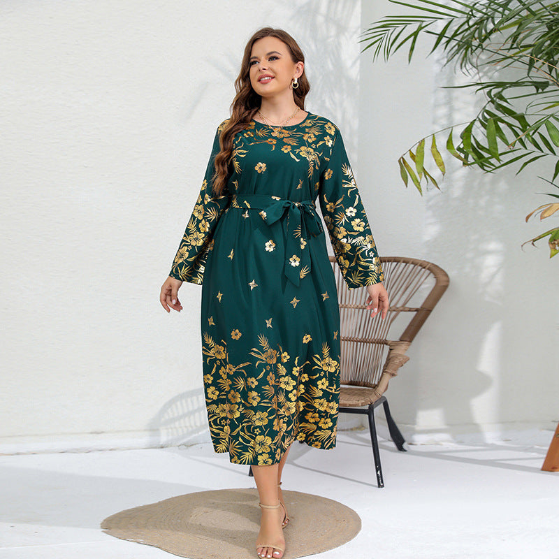 Plus Size Women Ethnic Loose Shiny Printed Long Sleeve Maxi Dress 7