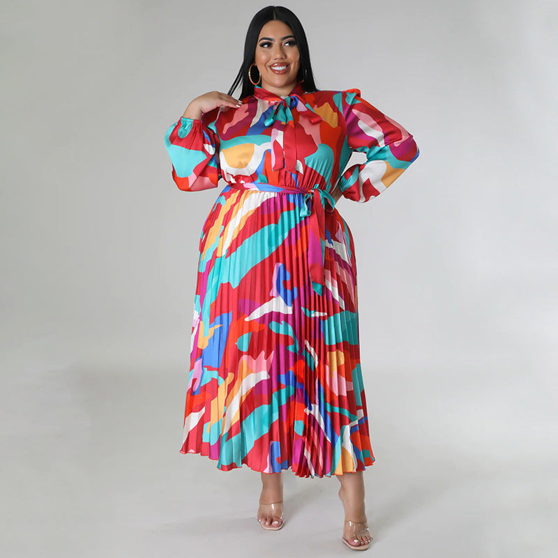 Plus Size Women Lace-Up Long Sleeve Printed Pleated Dress 14