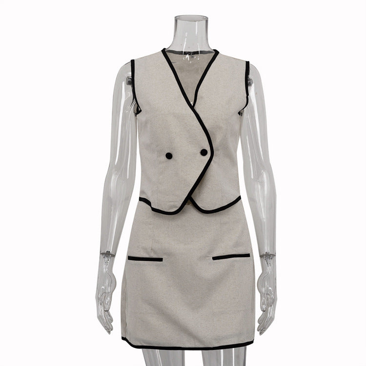 Summer Cotton Vest & Skirt Set Sleeveless V-Neck Career Two-Piece Set 6