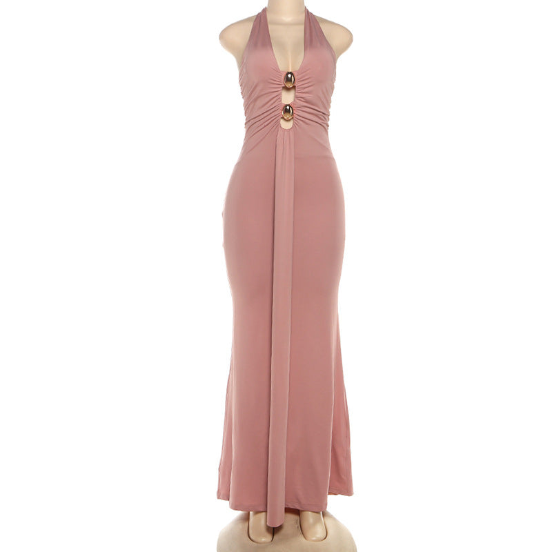 Autumn Winter Women's Sexy Halter Neck Low Back Fashion Metal Decorative Button Bodycon Dress 5