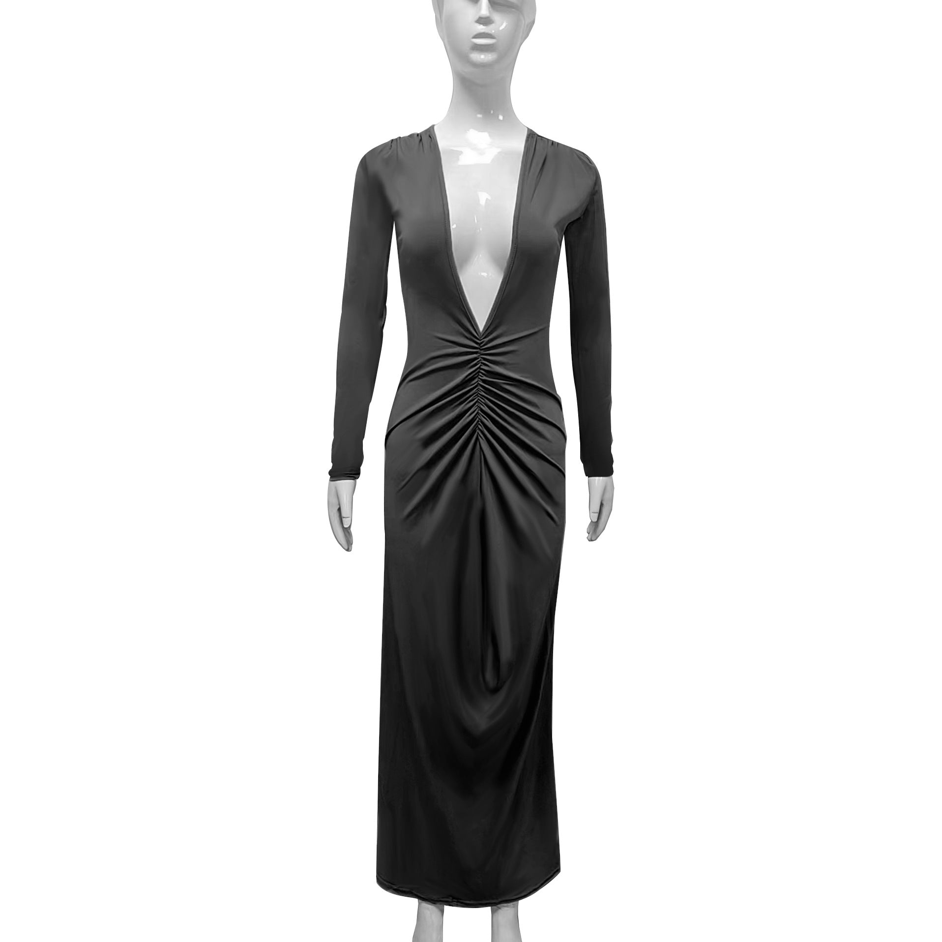 Women's Long-Sleeved Sexy Deep V-Neck Pleated Slim Long Dress 11