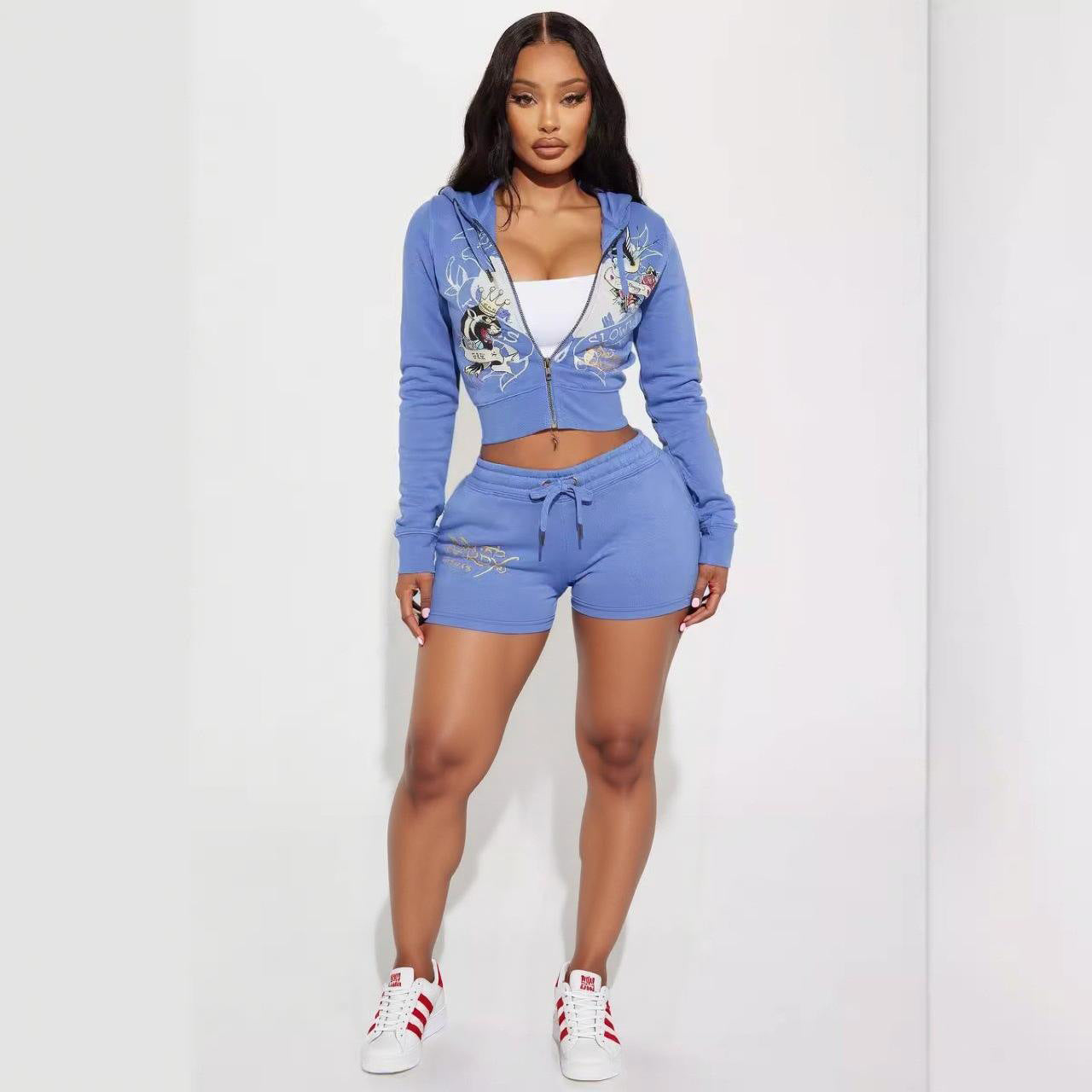 Women Retro Wing Print Casual Top and Shorts Two Piece Set 9