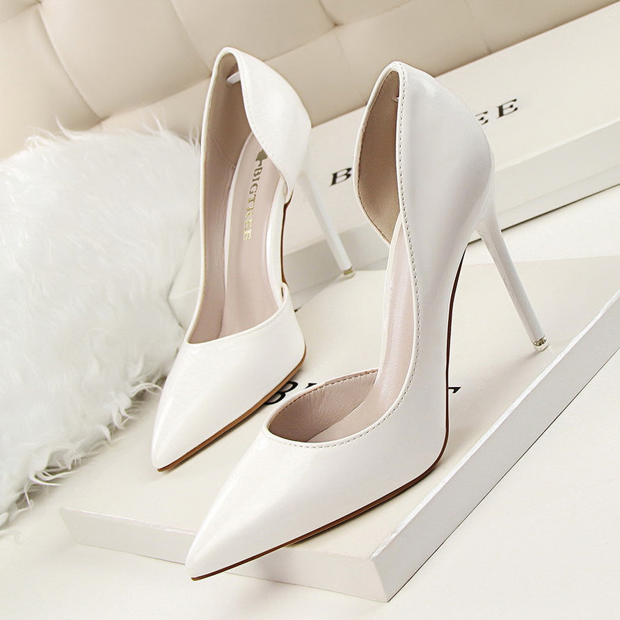 Fashionable High-Heeled Patent Leather Stiletto Shallow Mouth Pointed Toe Hollow Sexy High-Heeled Shoes 7
