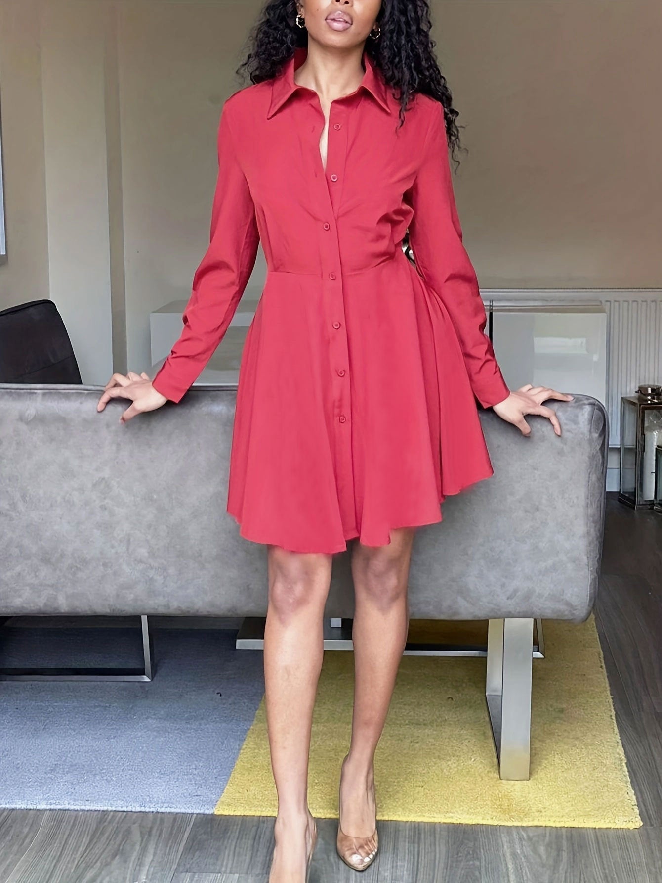 Women Spring Casual Red Long Sleeve Shirt Dress 3