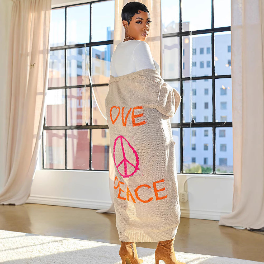 Women's Sweater Coat Autumn Winter Casual Letter Embroidered Long-Sleeved Cardigan 4