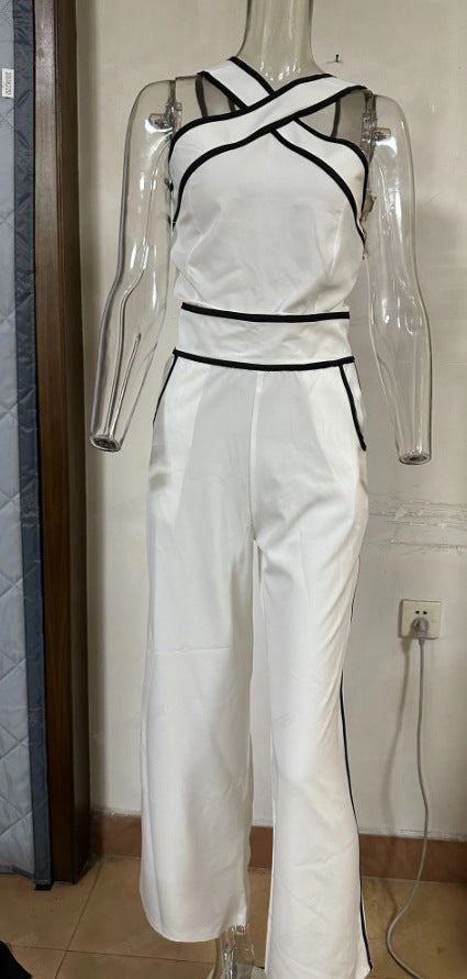 Summer Fashionable Cross Halter Neck Contrast Color Wide Leg Two Piece Pants Set 9
