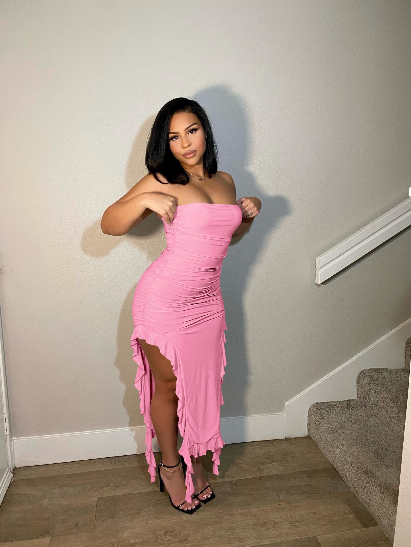 Women's Sexy Strapless Ruffled Slit Dress 4