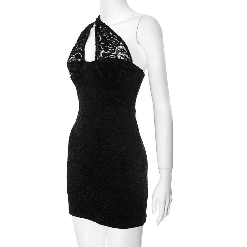 Summer irregular hollow Slash Shoulder Lace Tight Fitting Bodycon Dress 6