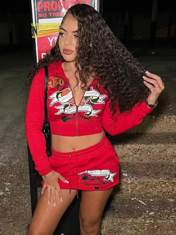 Spring Women's Fashion Positioning Print Hooded Casual Two Piece Skirt Set