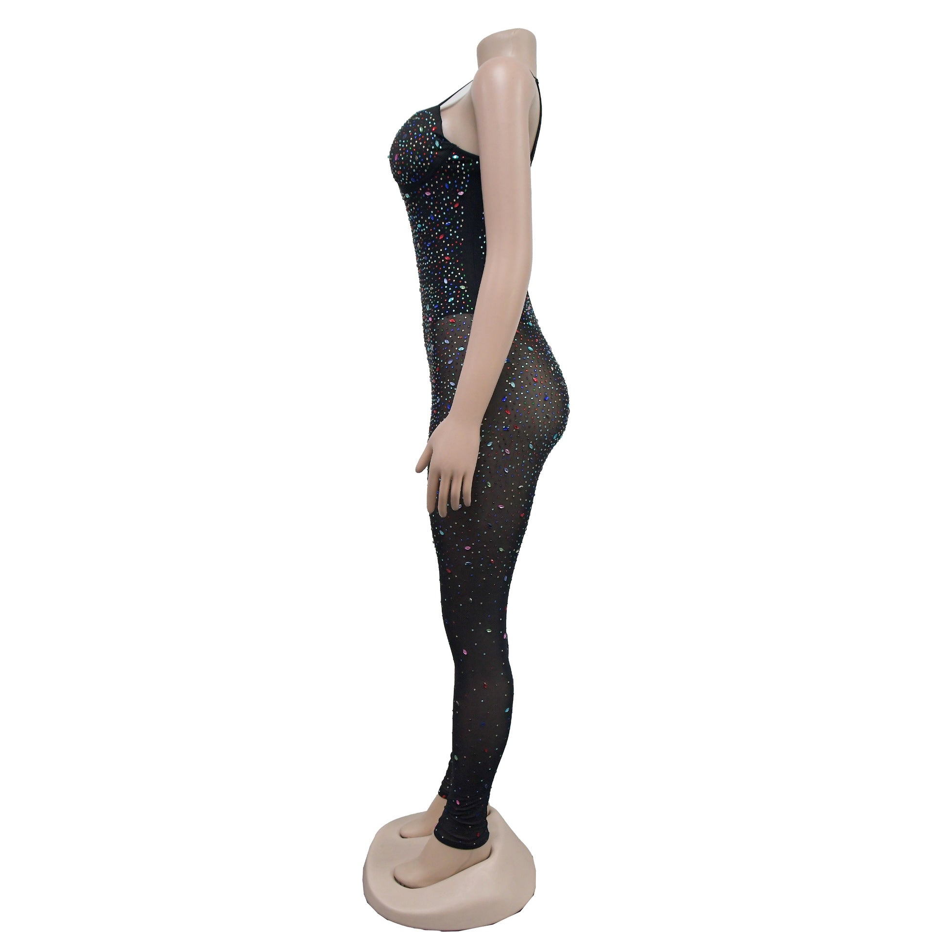 Women Solid Mesh Beaded Sleeveless Jumpsuit 12