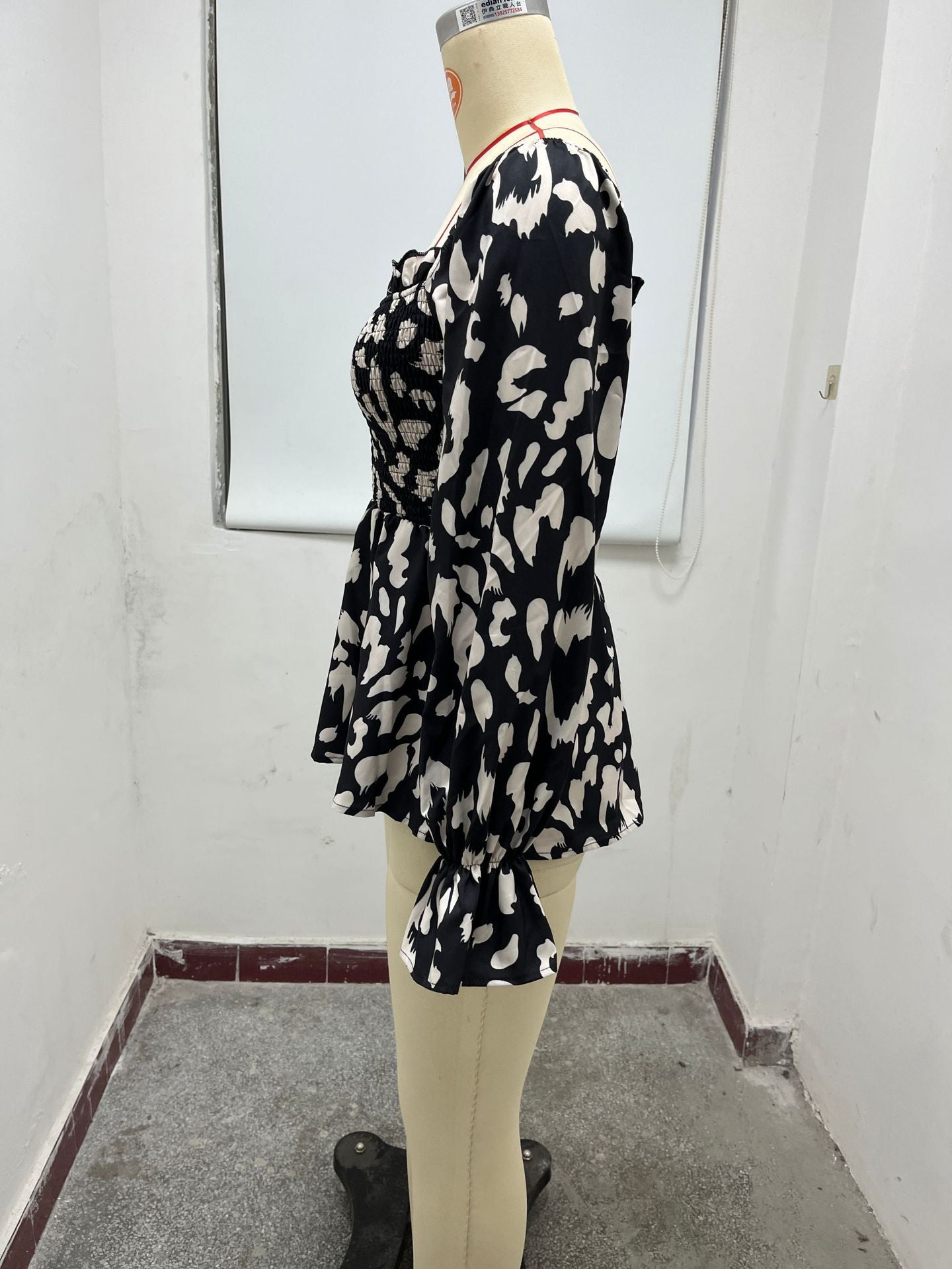 Women Casual Ruffle Edge Square Neck Leopard Print Long Sleeve Top 16