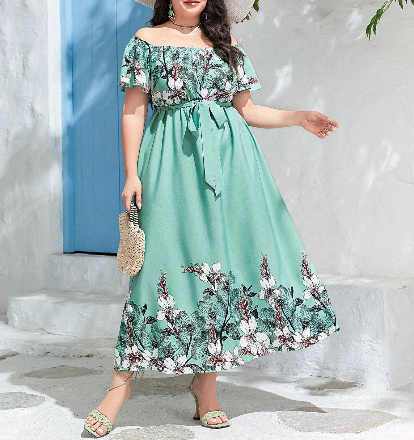 Off Shoulder Slim Waist Print A-Line Plus Size Elegant Chic Holidays Long Dress 4
