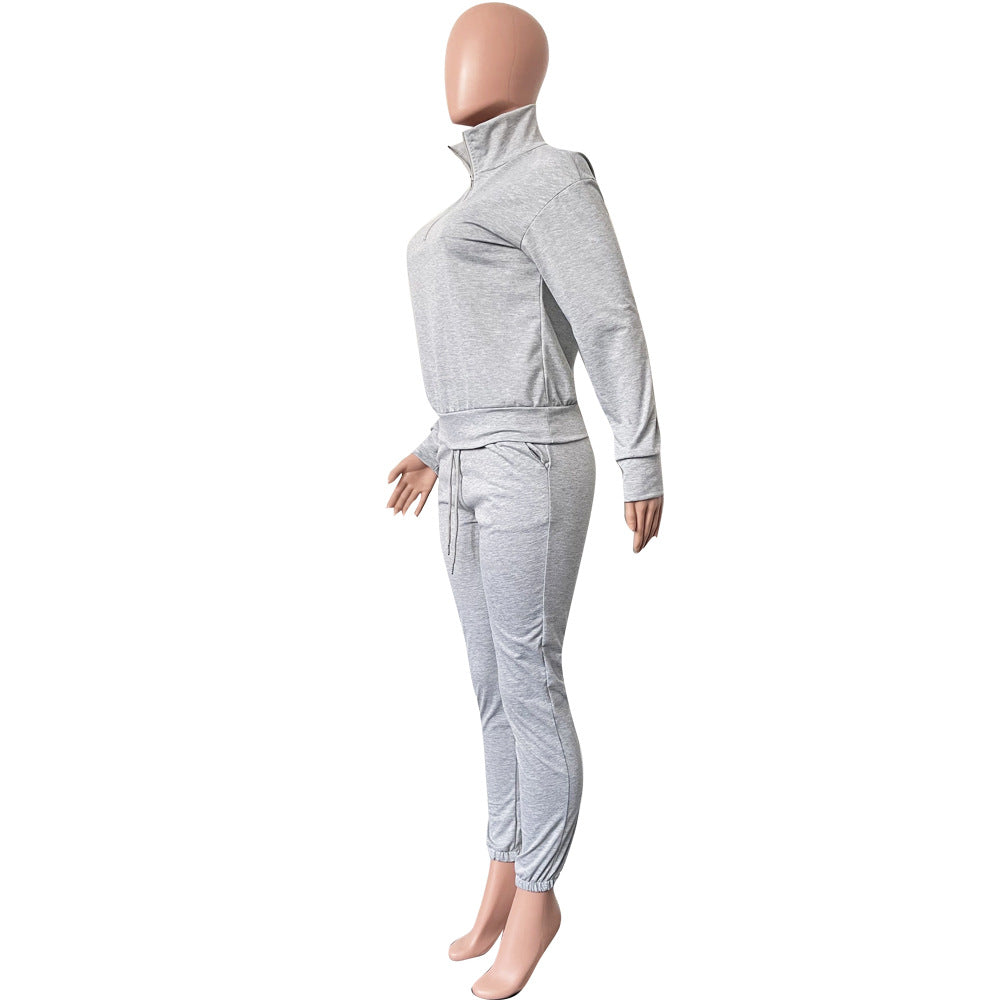 Women's Fashion Solid Hoodies Casual Sports Stand Collar Zip Cotton Two Piece 16