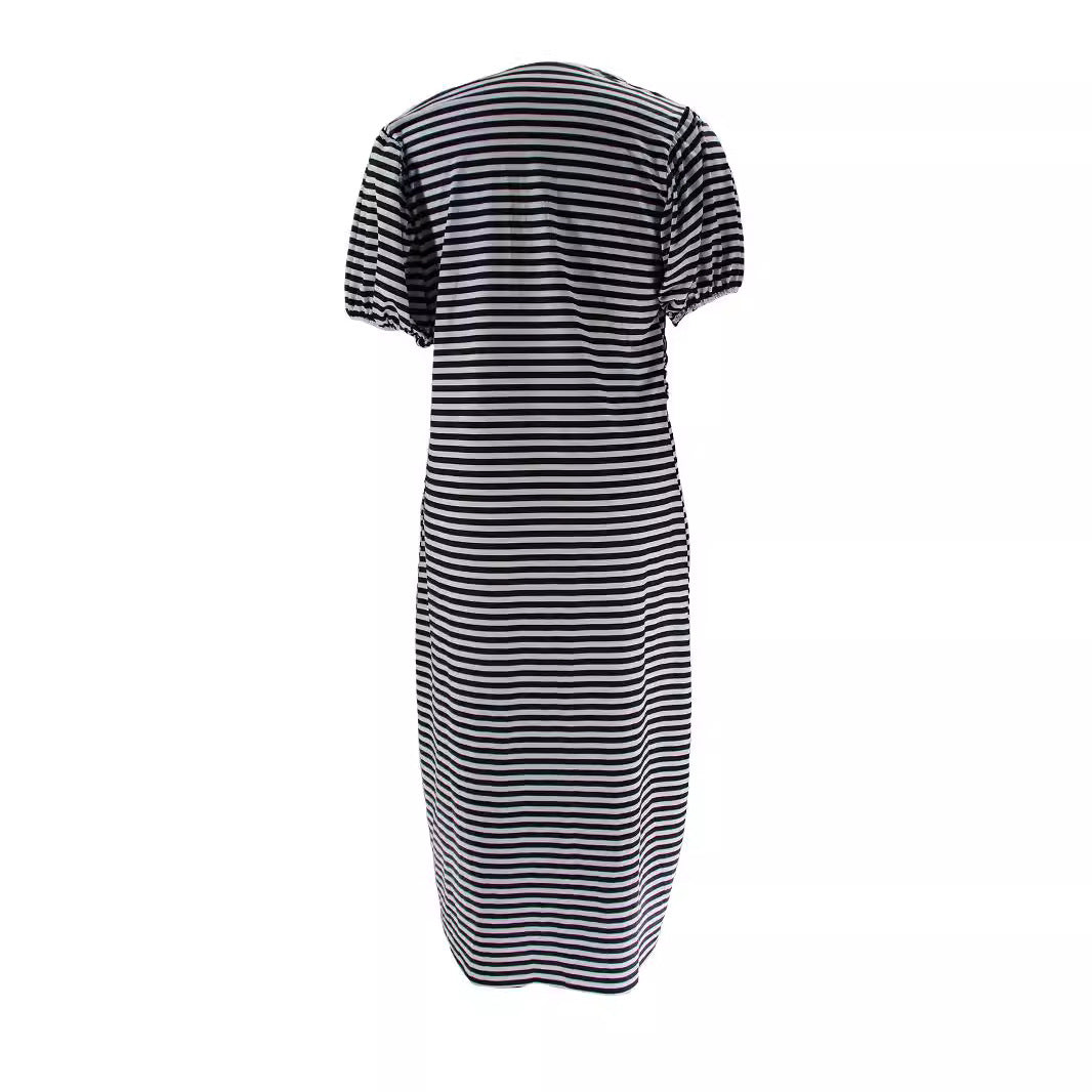 Plus Size Women summer casual cross loose striped short sleeve maxi dress 4