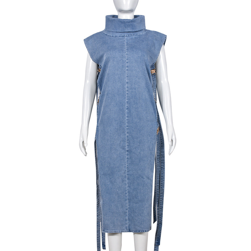 Sexy sleeveless hollow slit high collar denim dress 12