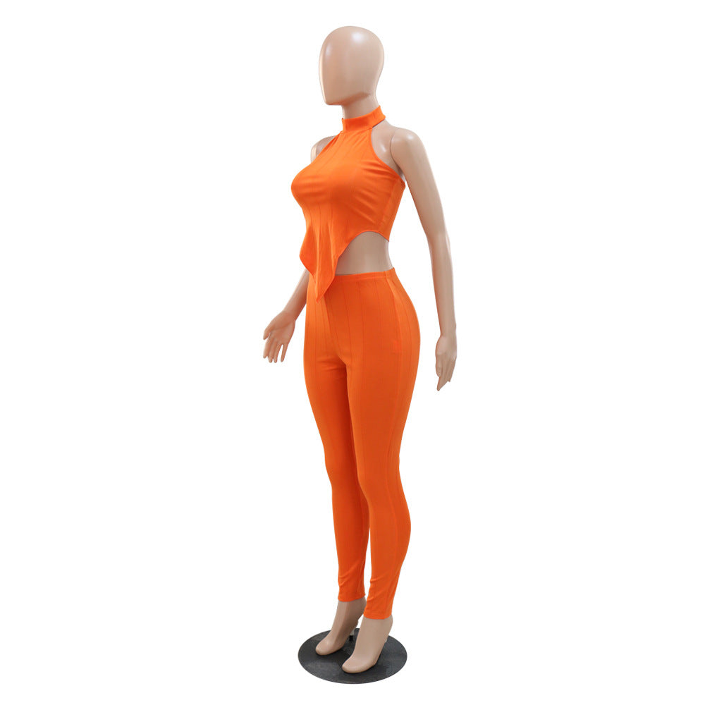Women Summer Halter Neck Top and Trousers Two-Piece Set 12