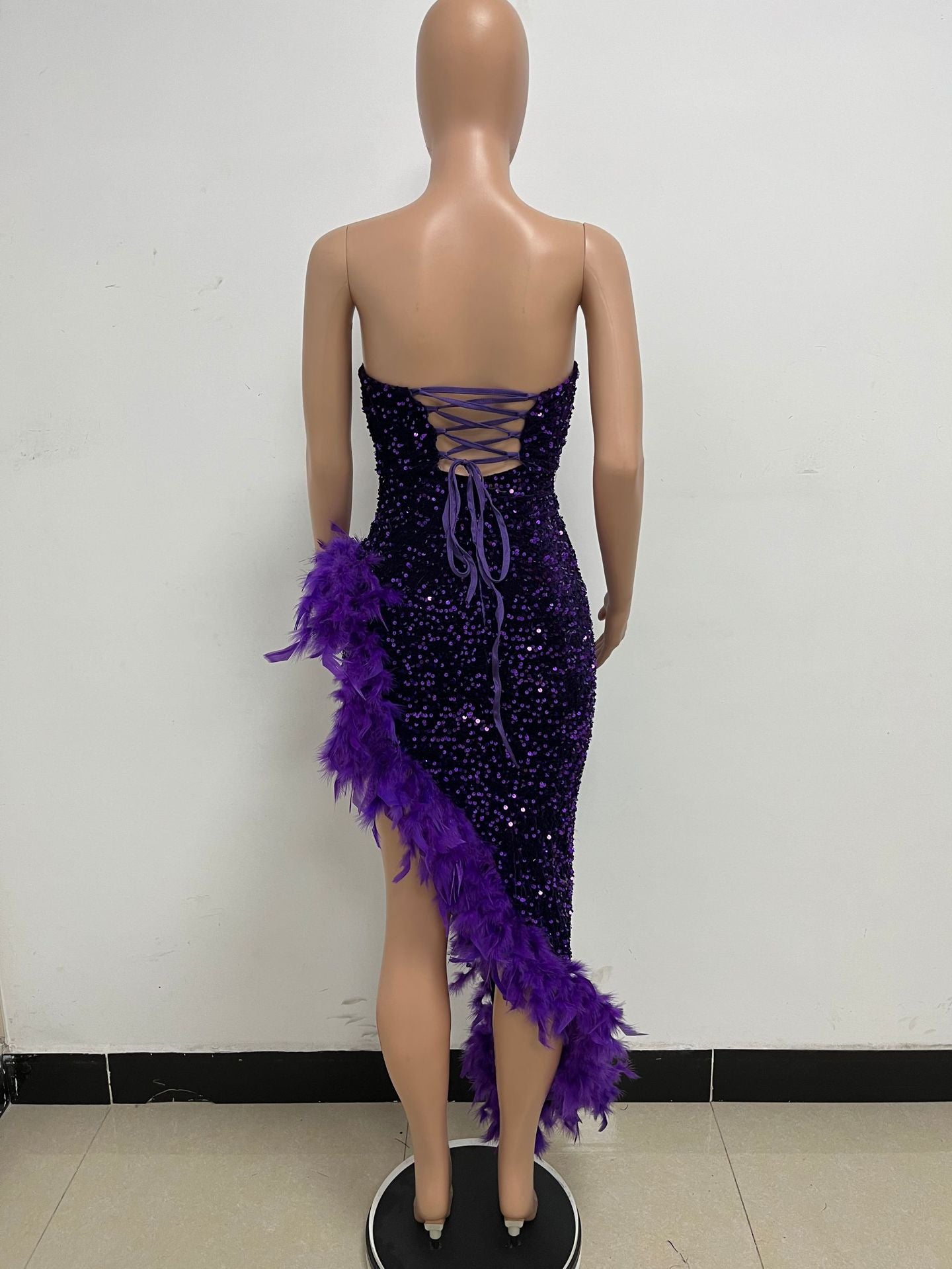 Women Sexy Off Shoulder Backless Sequin Feather Dress 40