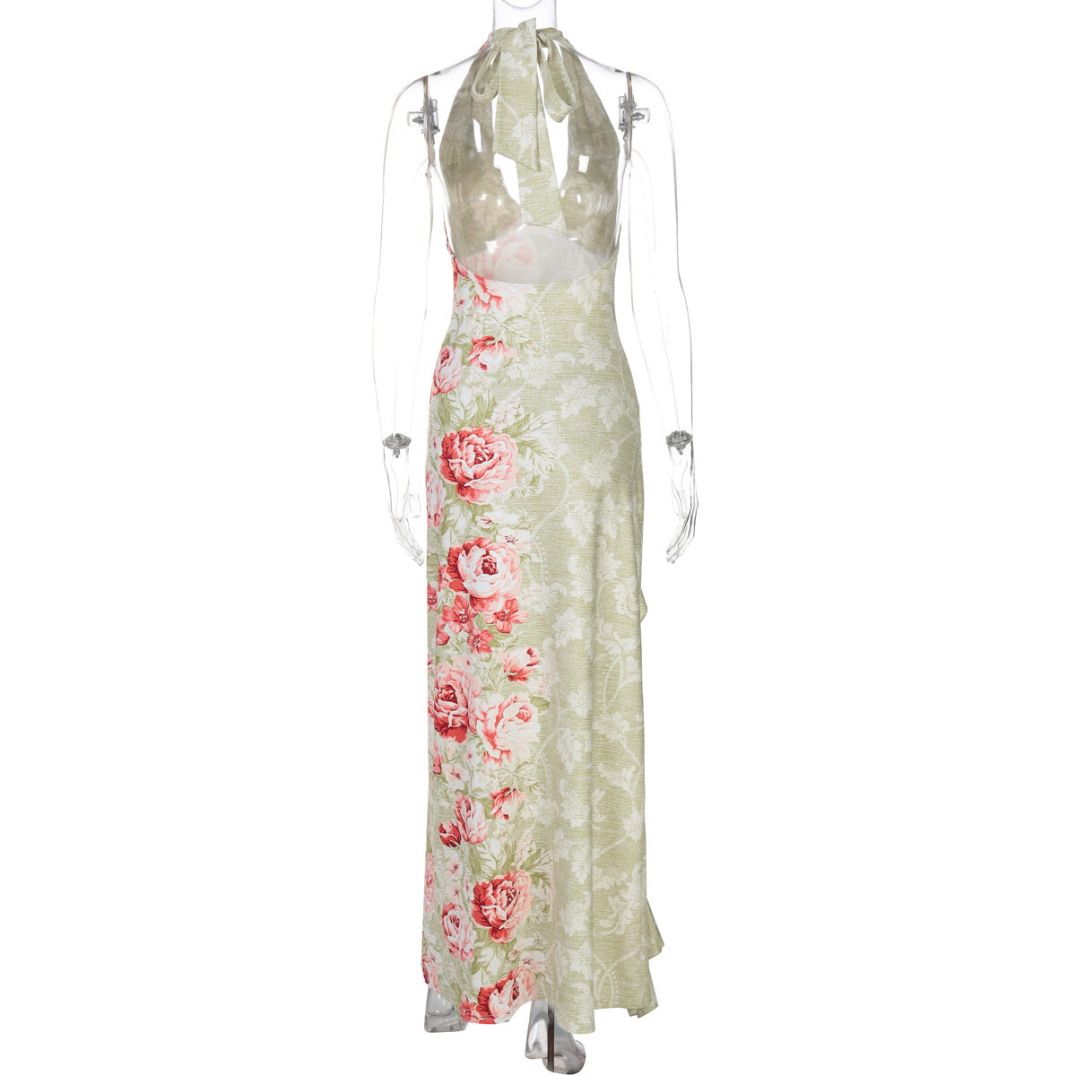 Women Summer Sexy Halter Neck Lace-Up Backless Slit Print Dress 8