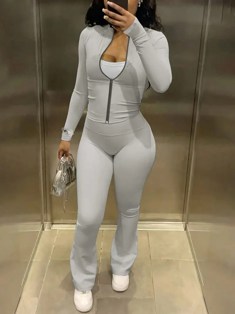 Women Casual Top and Bell Bottom Long Pants Two Piece Set 10