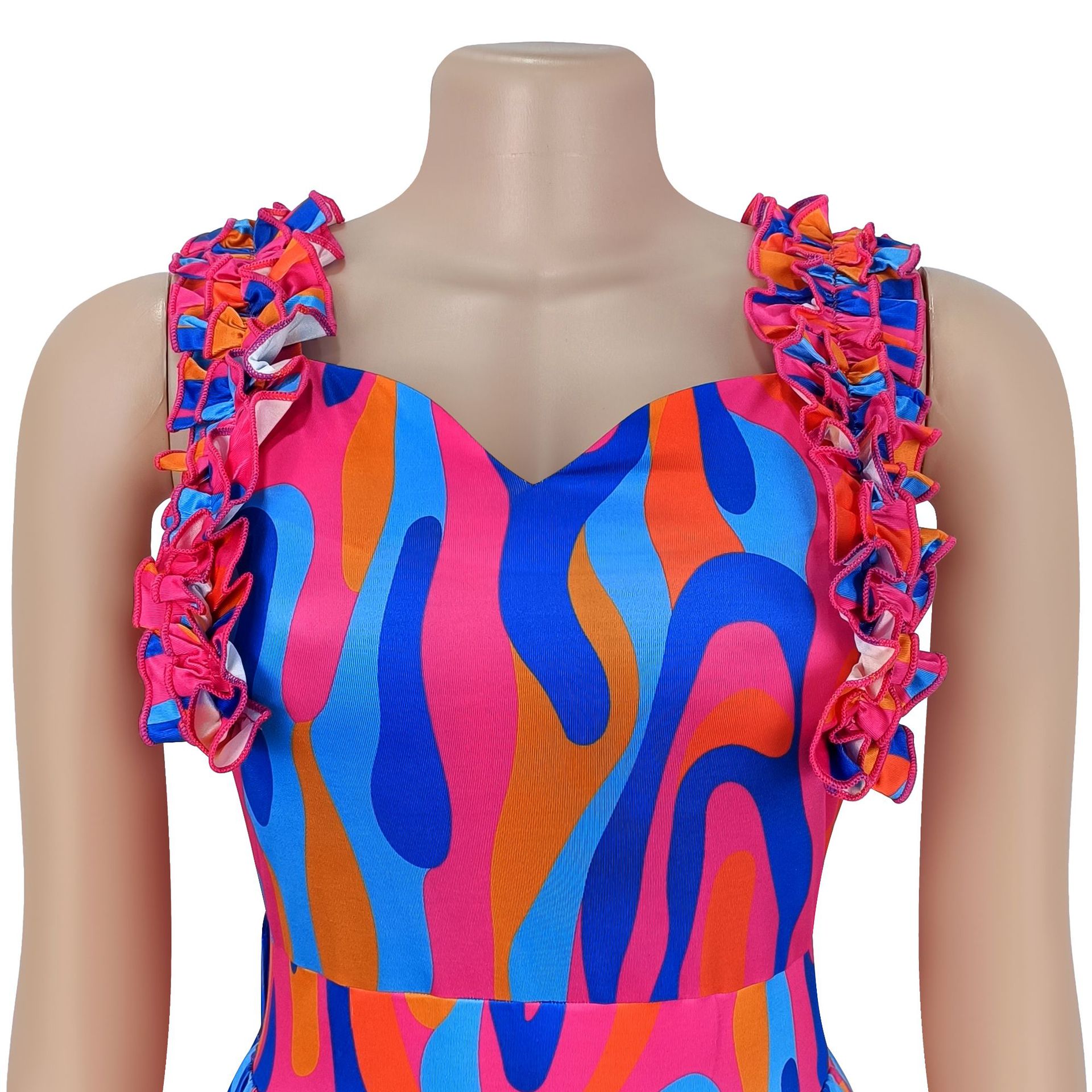 Women elegant ruffled shoulder strap printed dress 8