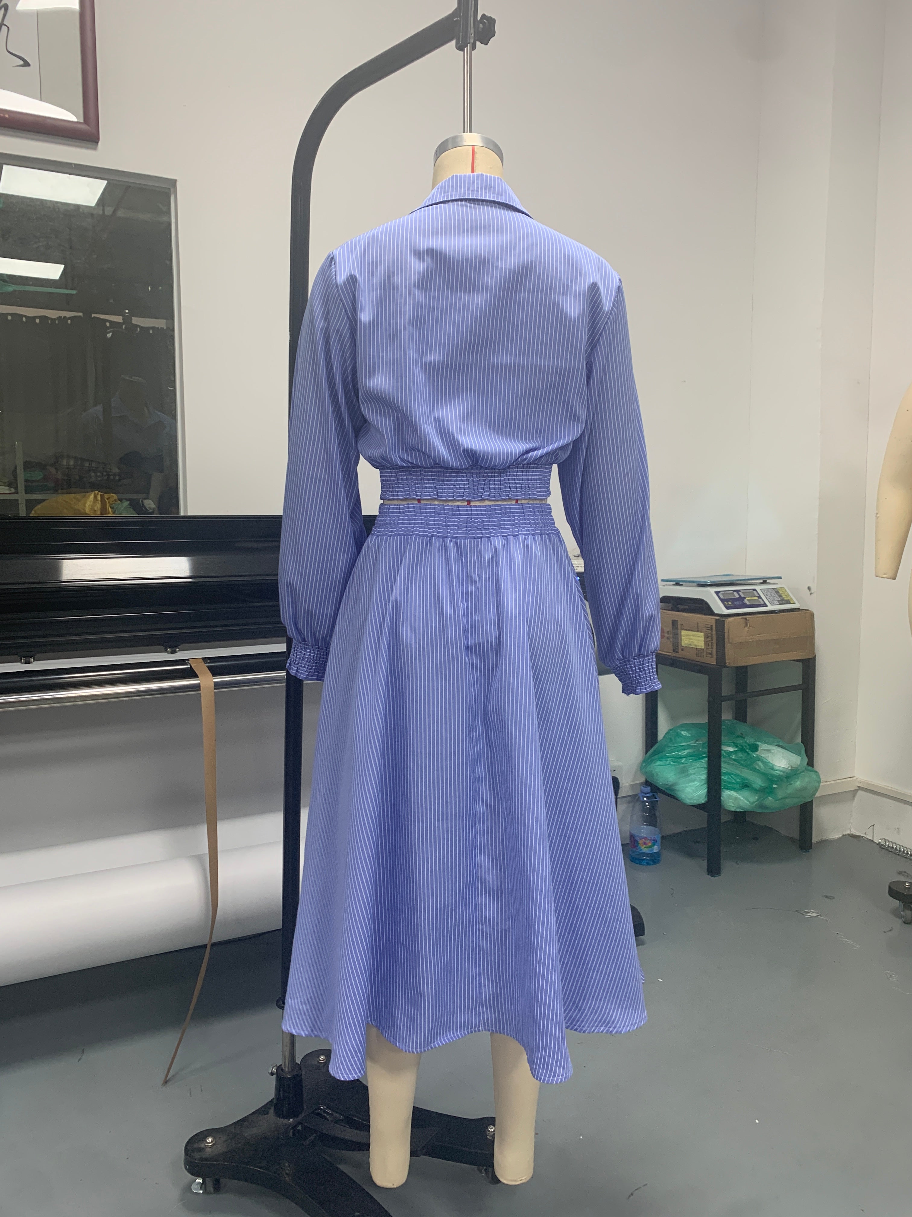 Fashion Casual Striped Long Sleeve Shirt Top Skirt Women Two Piece Set 3