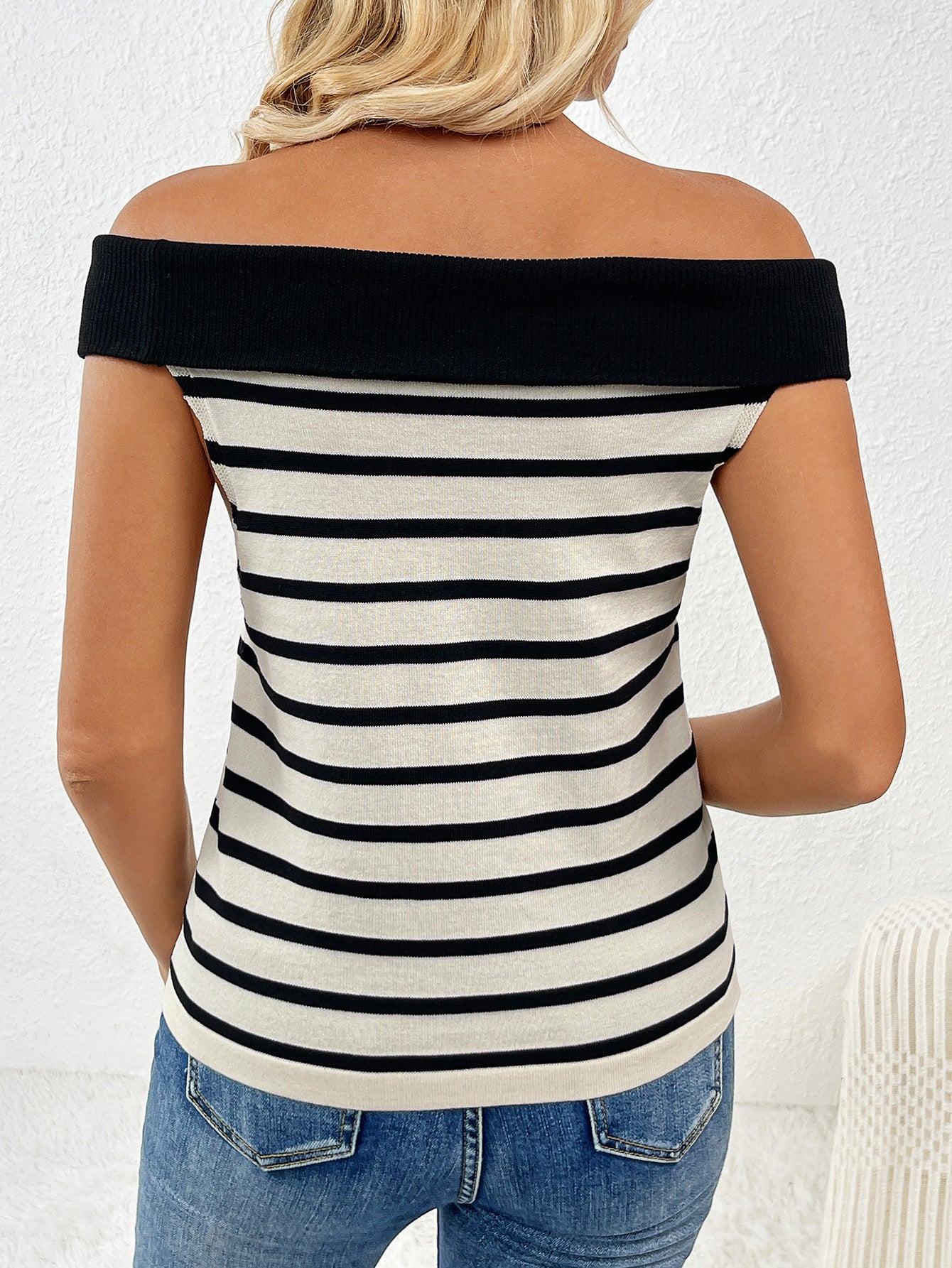 Spring/Summer Women's Fashion Long-Sleeve Striped Off-Shoulder Knit Top 12