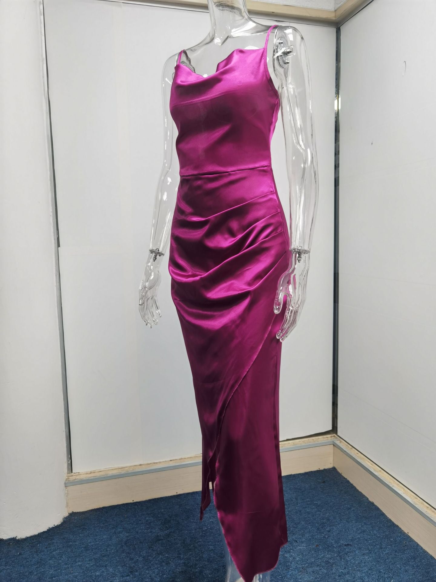 Sexy Low Cut Satin Slit Strap Dress Slim Fit Low Back Maxi Dress 45