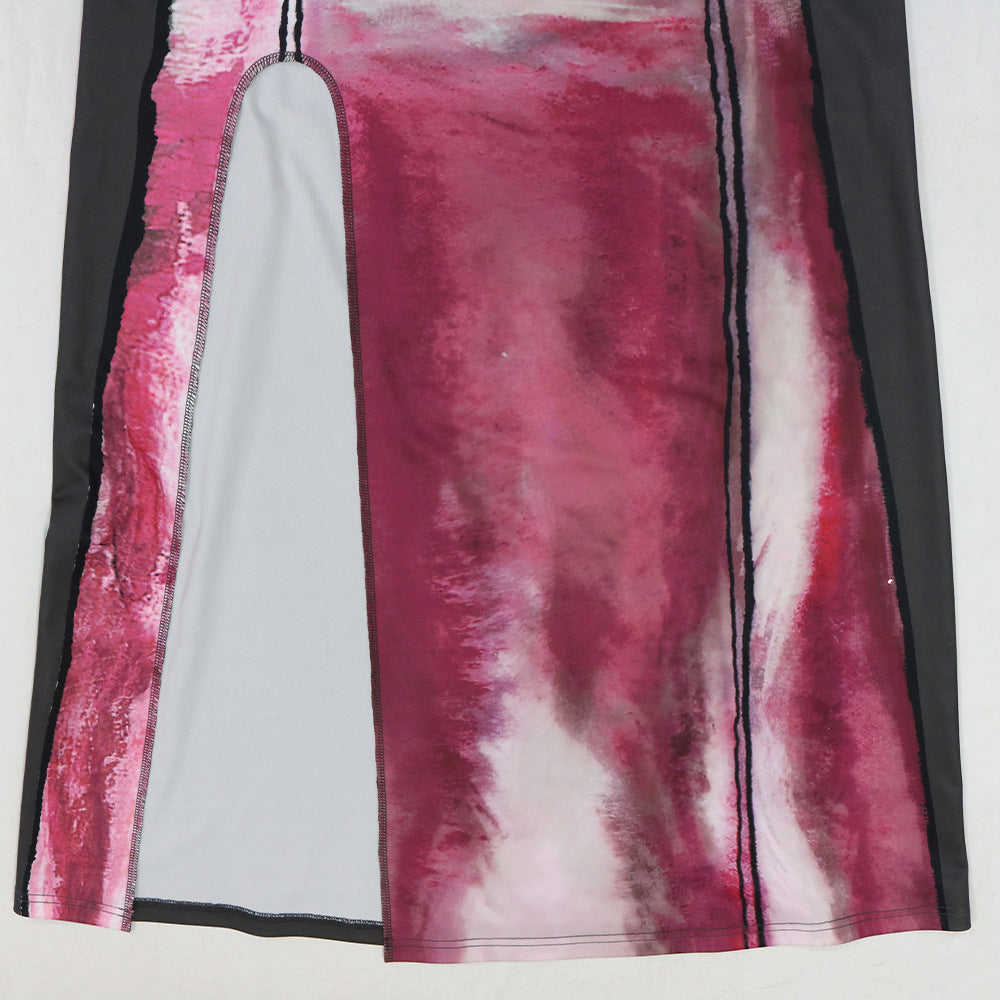 Fashion Round Neck Printed High Slit Slim Long Dress 9