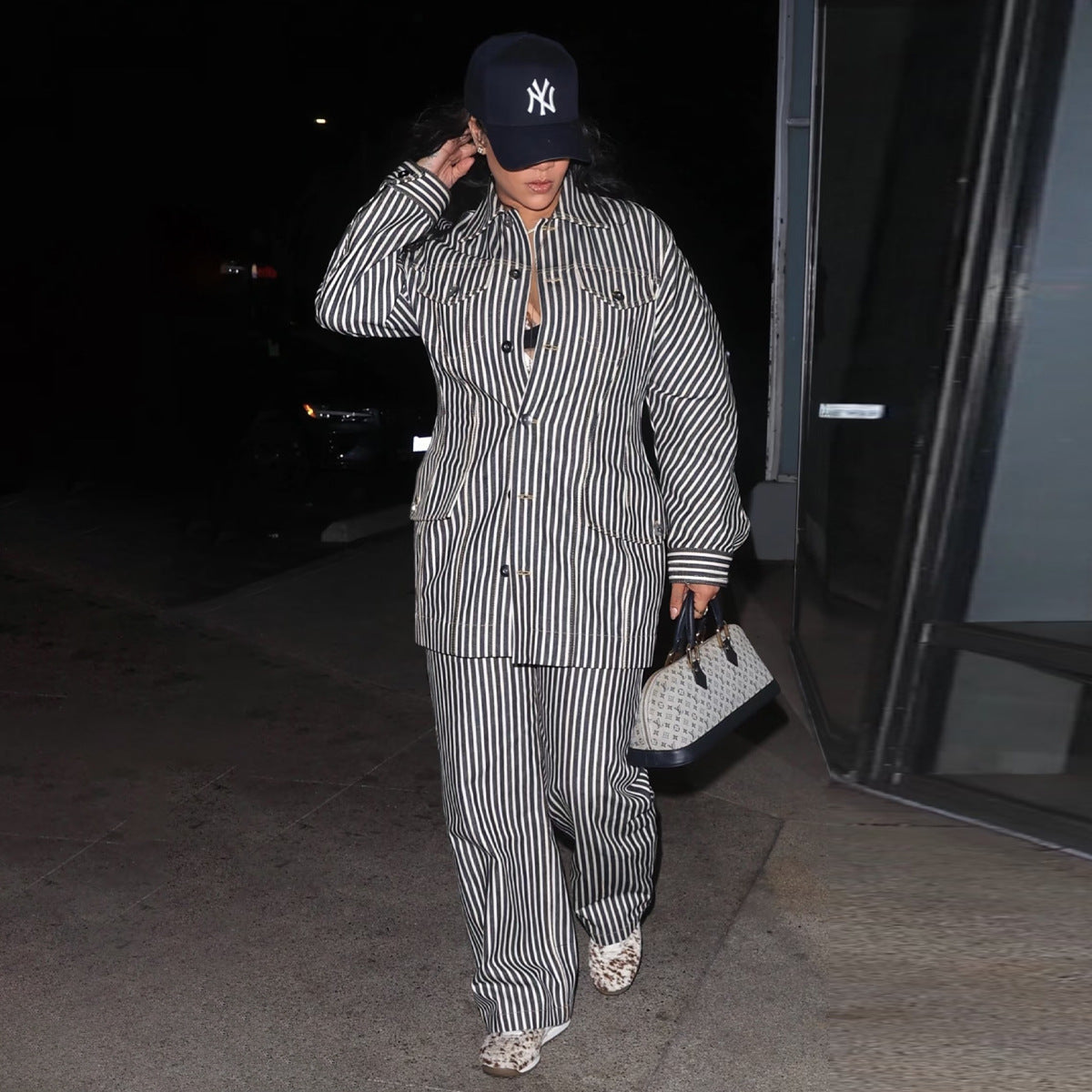 Button Stripe Long Sleeve Shirt & Wide Leg Pants Two-Piece Set 5