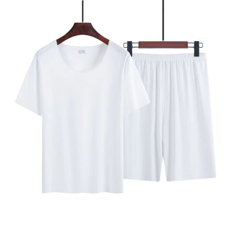 Ice Silk Pajamas Men's Summer Home Clothes Seamless Round Neck Short-Sleeved Men's T-Shirt Shorts Set 3