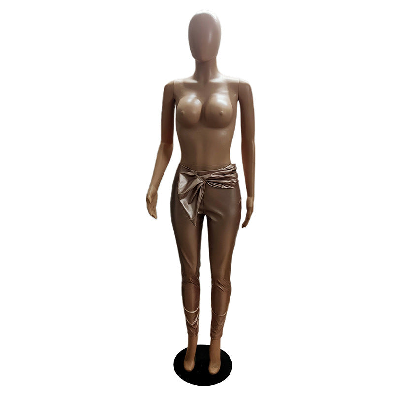 Women Stretch Belted Casual Pu Leather Pants 12