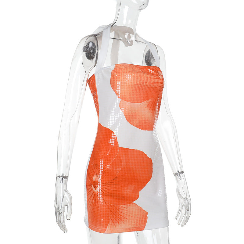 Autumn Floral Sequin Halter Neck Women's Chic Bodycon Dress 15