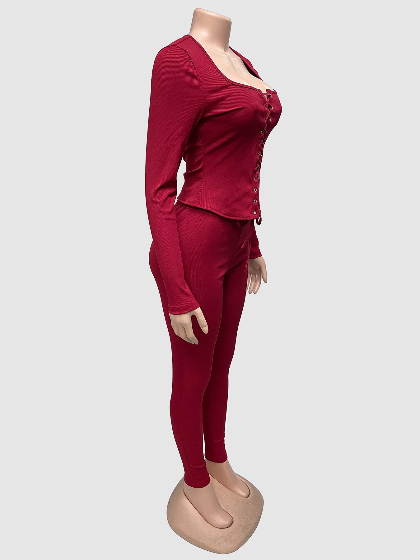 Women's Autumn Lace-Up Long Sleeve Solid Two-Piece Pants Set 11