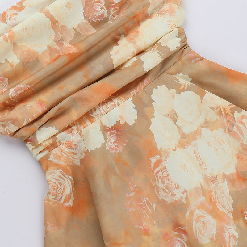 Women Summer Strapless Print Lace-Up Backless Gathered Dress 7