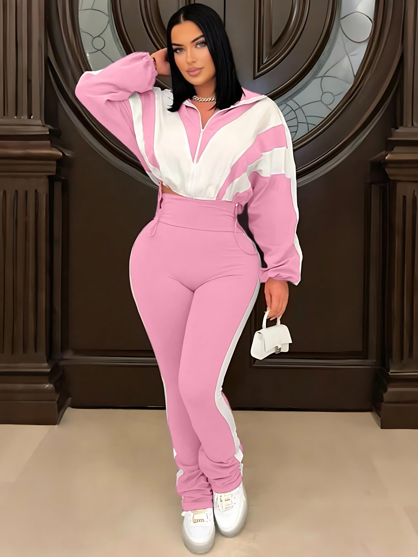 Contrast Color Patchwork High-Waist Sporty Two-Piece Pants Set 7