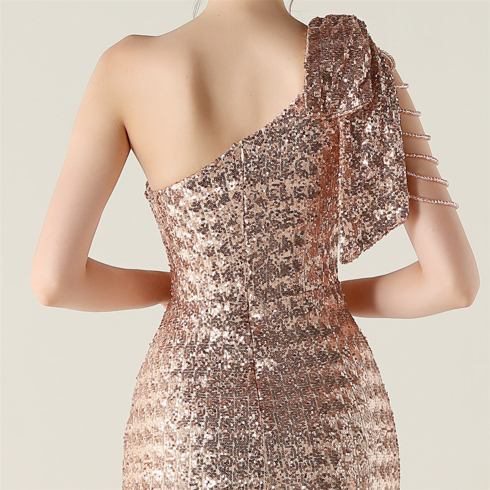 Plus Size Women clothing one-shoulder nail flower beaded evening dress 46