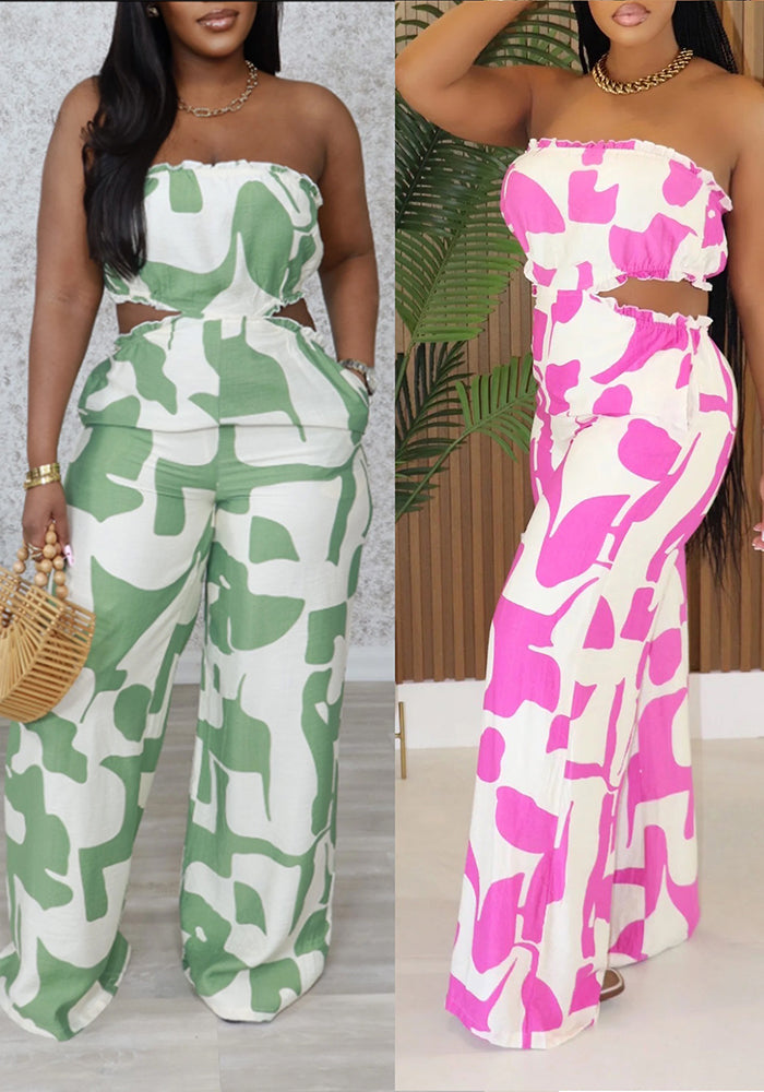 Women Elegant Strapless Printed Wide-leg Jumpsuit