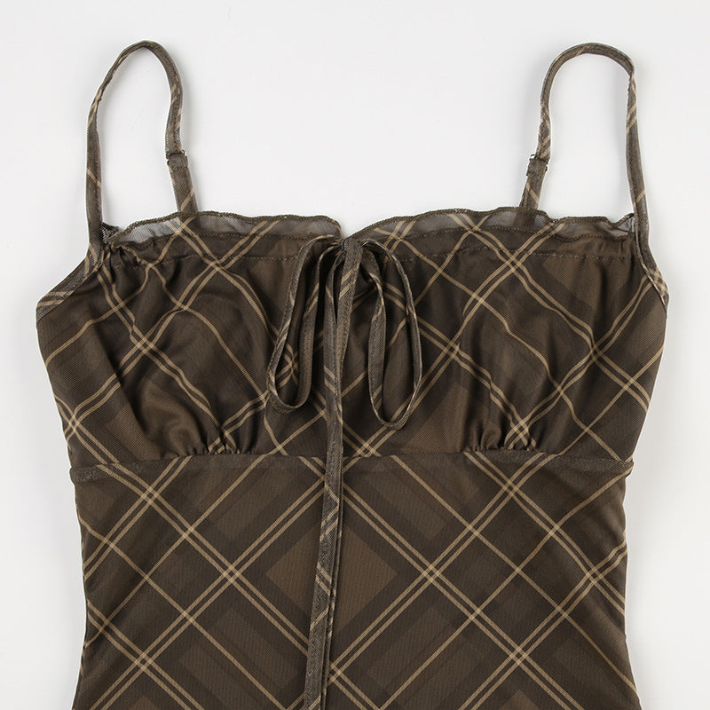 Plaid Mesh Patchwork  Strap Mini Dress 11
